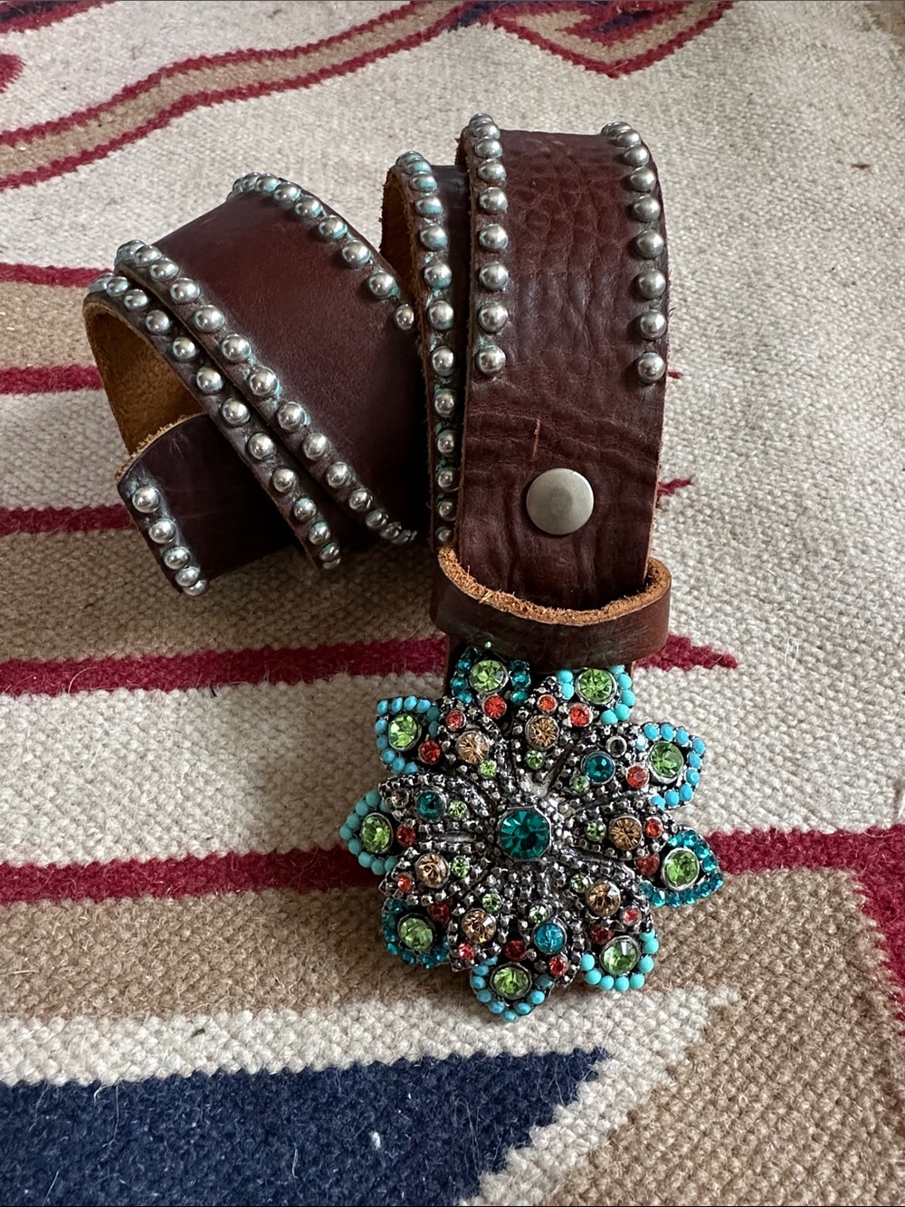 LEATHEROCK Genuine Leather Rhinestone Flower Buckle Studded Belt